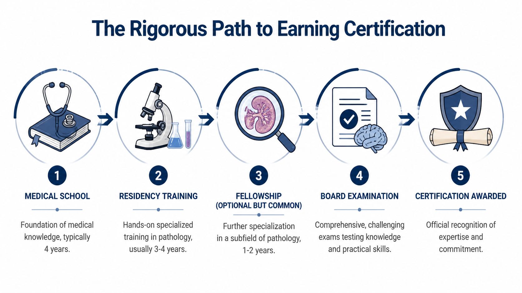 A five-step infographic showing the rigorous path to earning board certification in pathology for medical professionals.