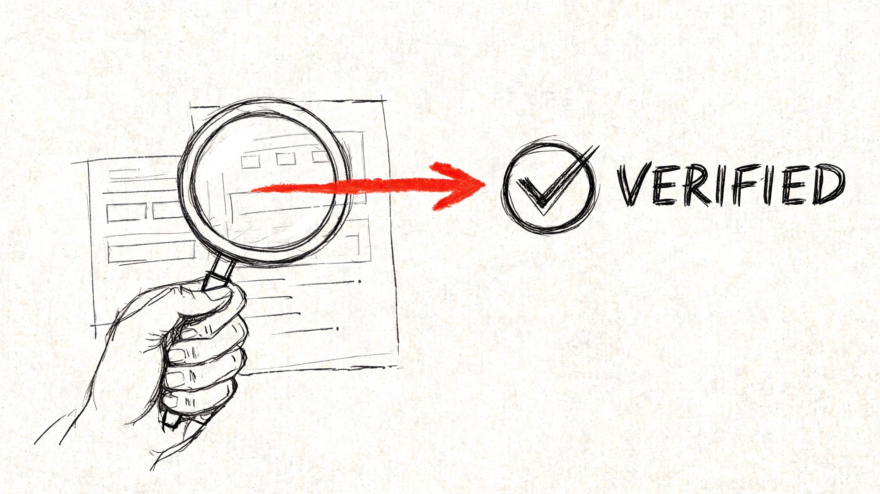 A hand holding a magnifying glass over a document, pointing towards a checkmark with the text Verified.