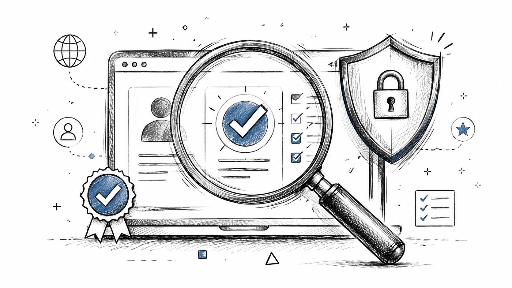 A digital illustration showing a laptop, magnifying glass, security shield, and checkmarks representing board certification requirements.