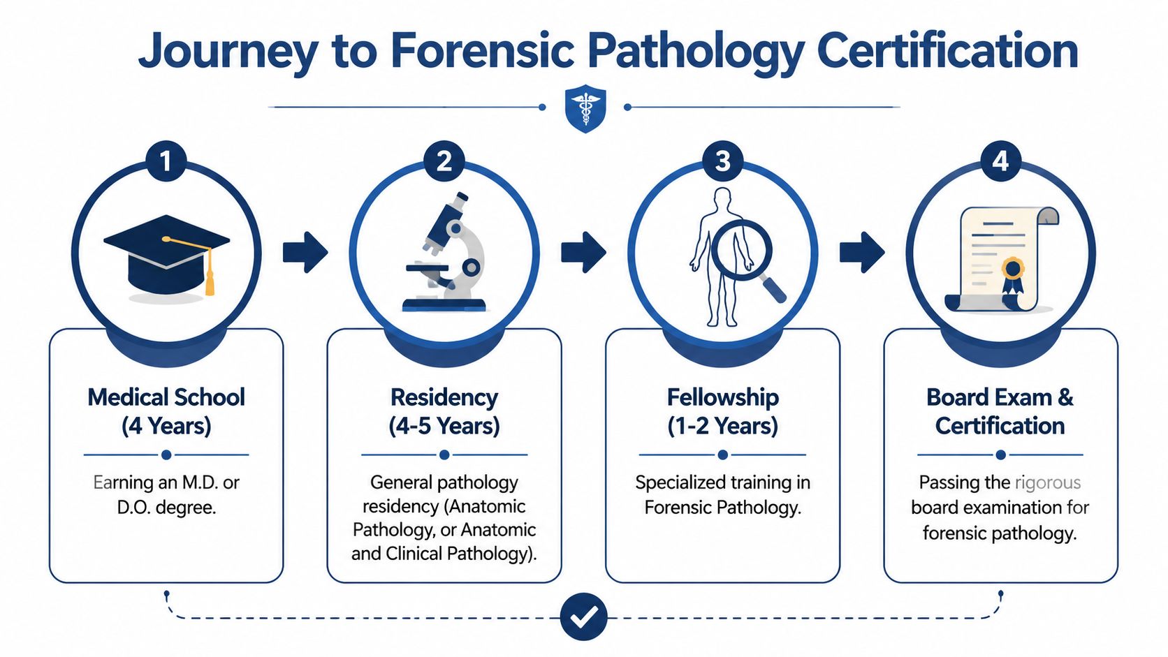 A diagram outlining the four-step educational journey to becoming a certified forensic pathologist.