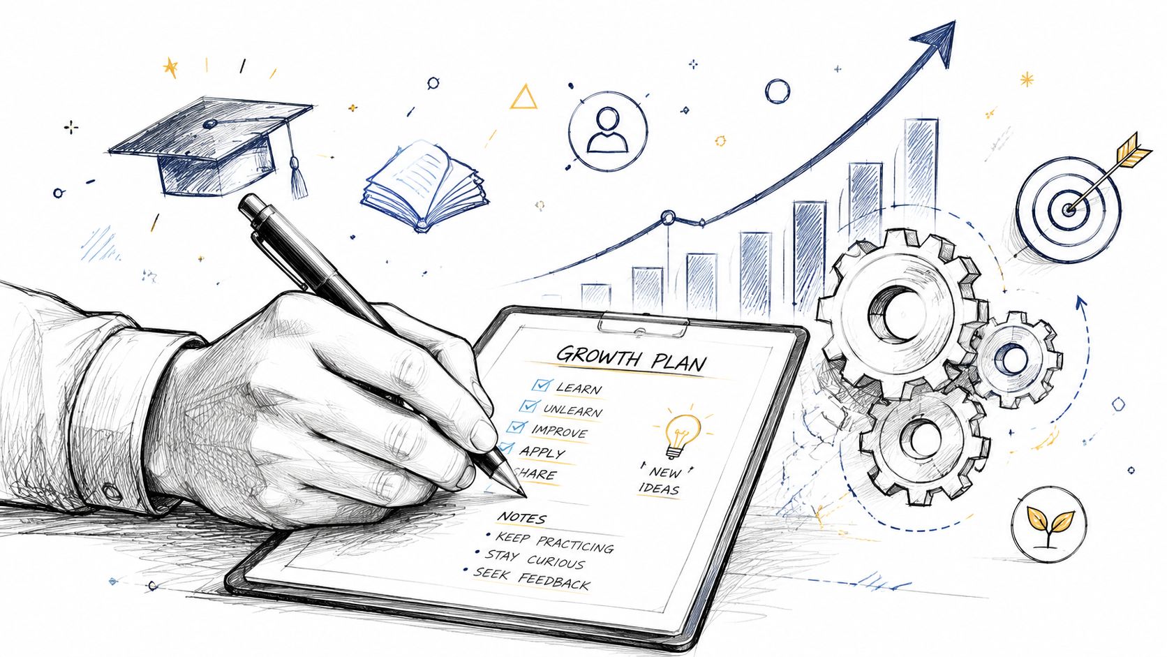A hand writes a growth plan with professional development steps on a clipboard, surrounded by educational icons.