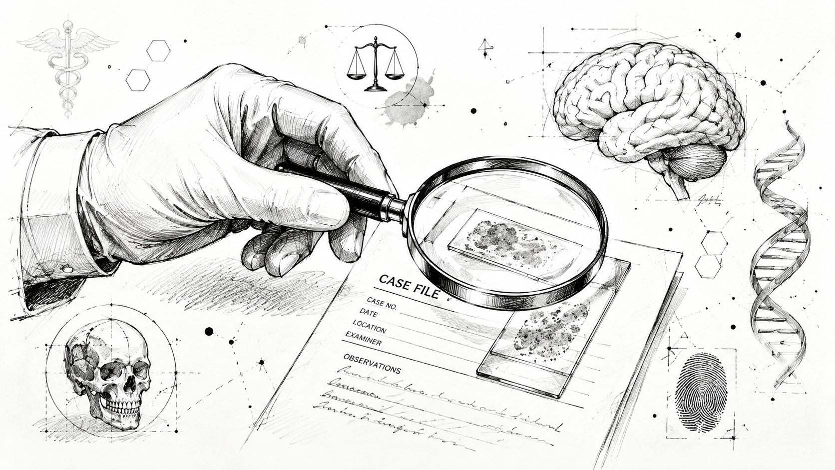 A hand in a glove holding a magnifying glass over a document with medical forensic investigation symbols.