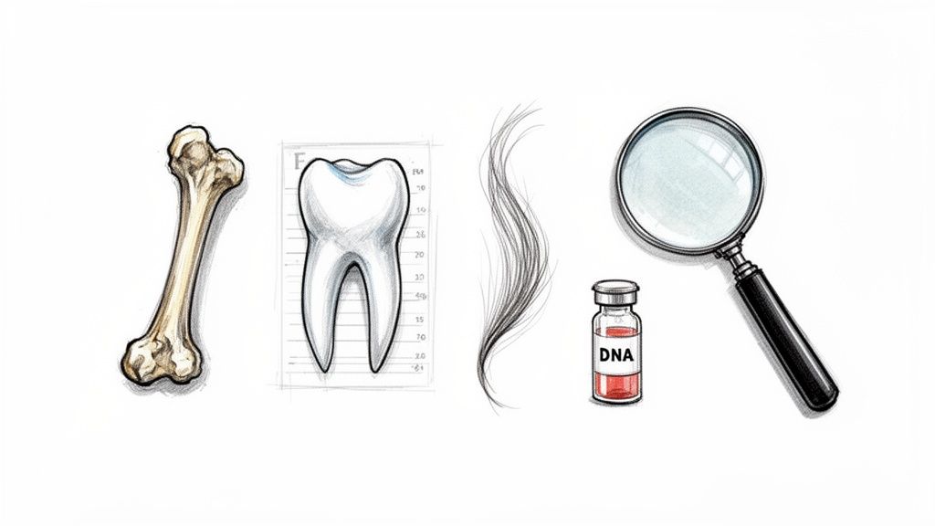 A bone, tooth, hair strands, a DNA vial, and a magnifying glass for forensic analysis.