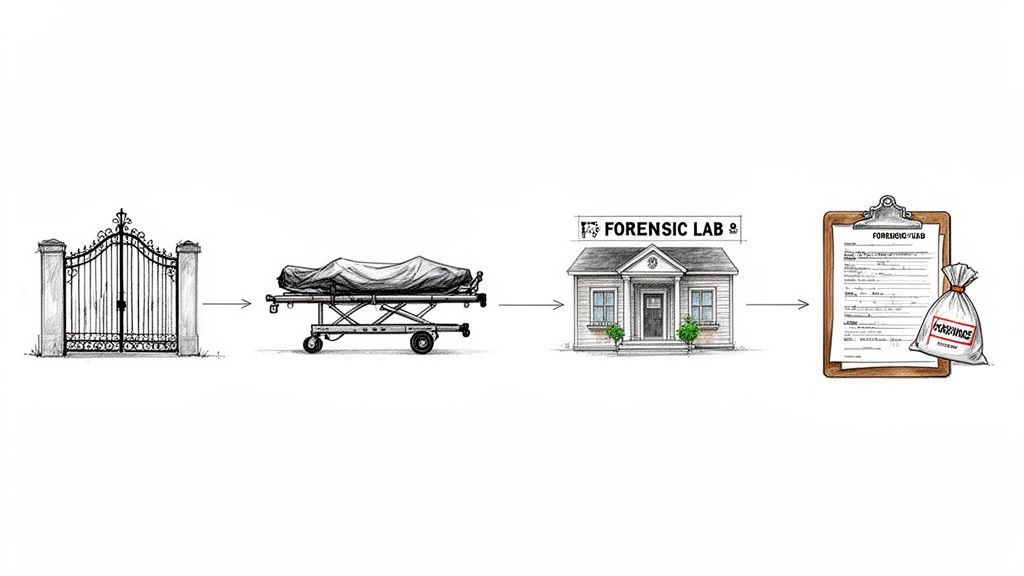 Visualizing the forensic investigation process from exhumation (cemetery gate, body) to lab analysis.