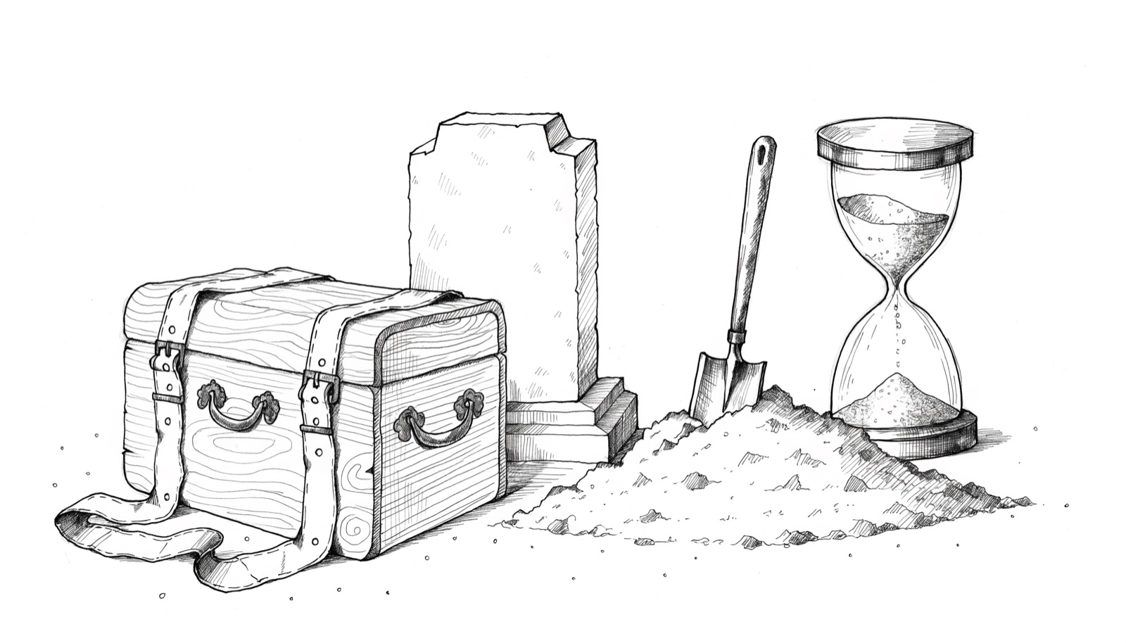A closed casket on lifting straps above an open plot, with a weathered headstone and an hourglass