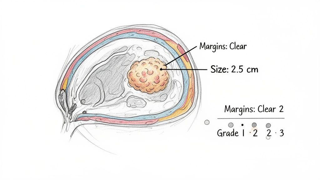 Diagram illustrating a breast tumor cross-section with clear margins, size 2.5 cm, and grade 2.