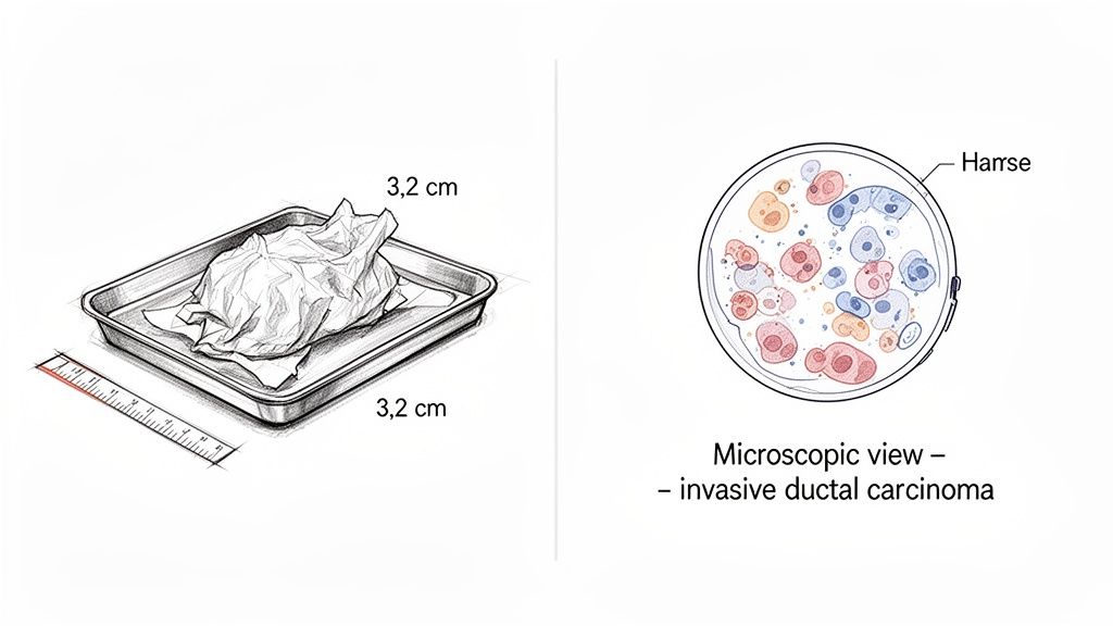 Medical illustration showing a 3.2 cm tissue sample on a tray and a microscopic view of invasive ductal carcinoma.