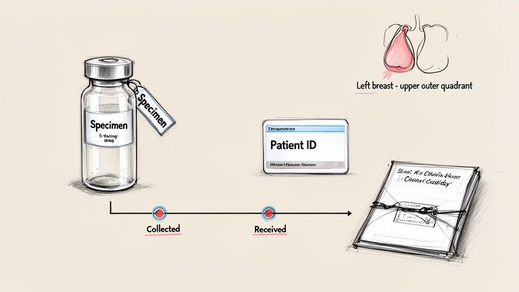 Medical workflow for breast specimen, showing collection, patient ID, and chain of custody.