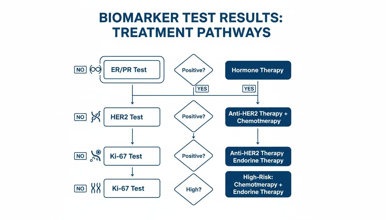 Flowchart detailing breast cancer treatment pathways based on ER/PR, HER2, and Ki-67 biomarker test results.