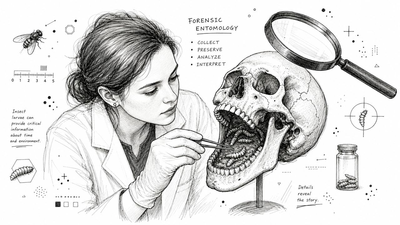 A forensic scientist examining larvae inside a human skull for a criminal investigation, drawn in sketch style.