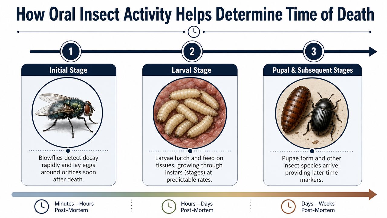 A diagram illustrating the three stages of insect colonization and activity to determine time of death.