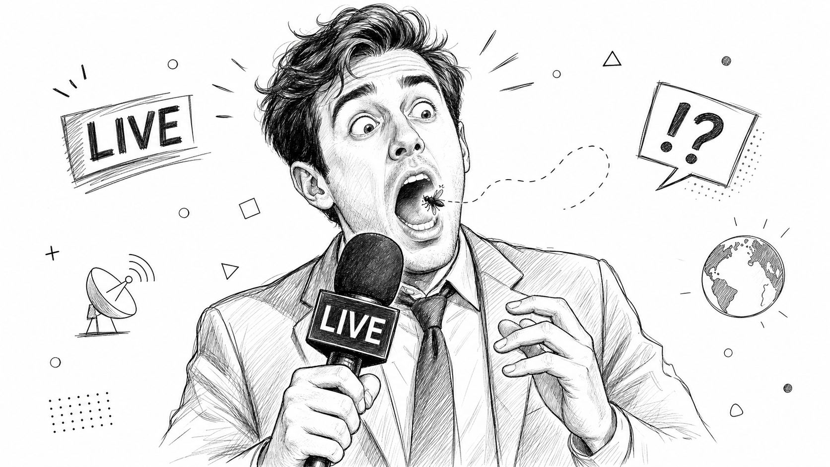 A black and white sketch of a shocked news reporter with a bug flying into his mouth.