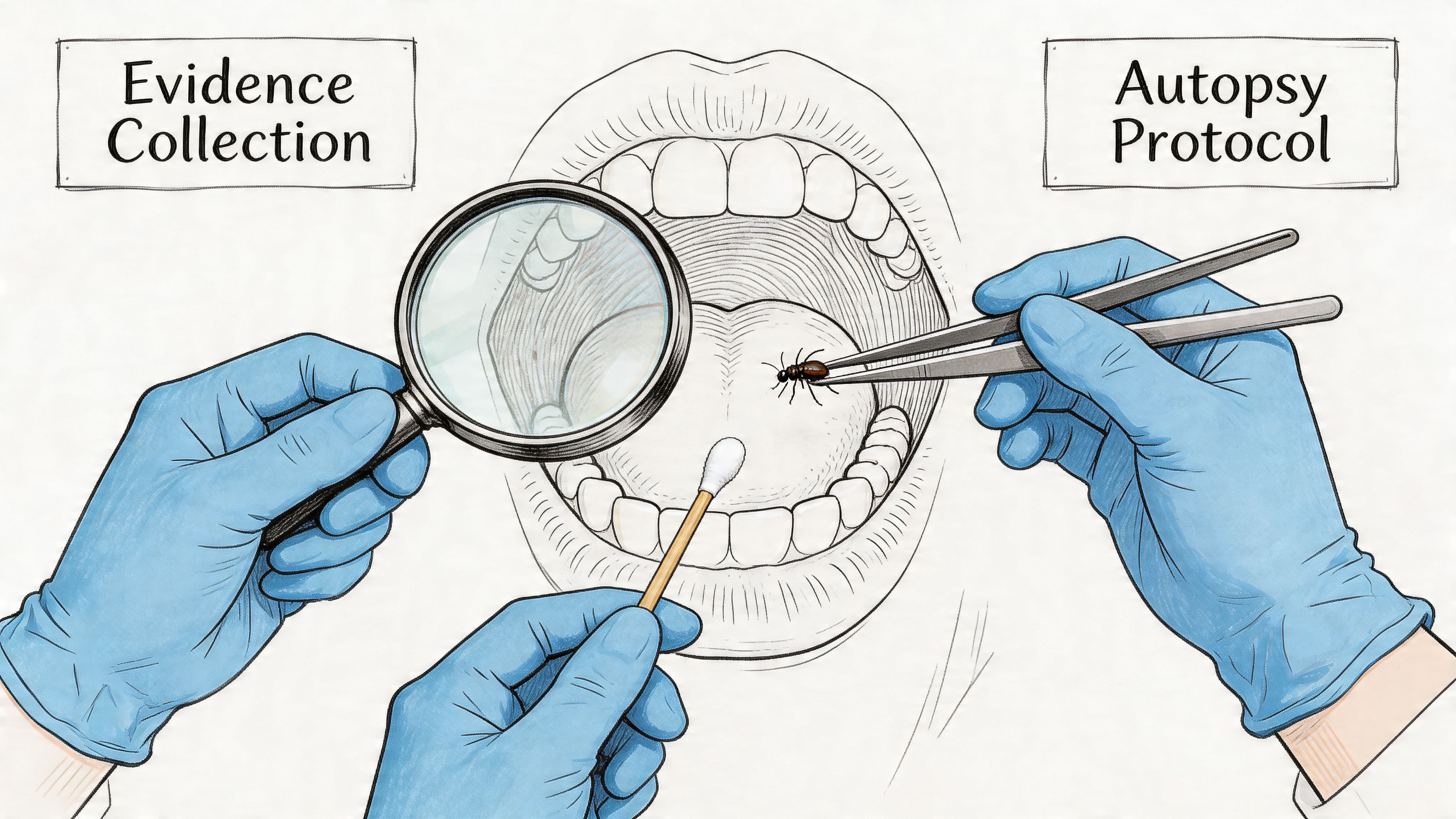 A gloved hand uses tweezers to remove a beetle from a human mouth during an autopsy.