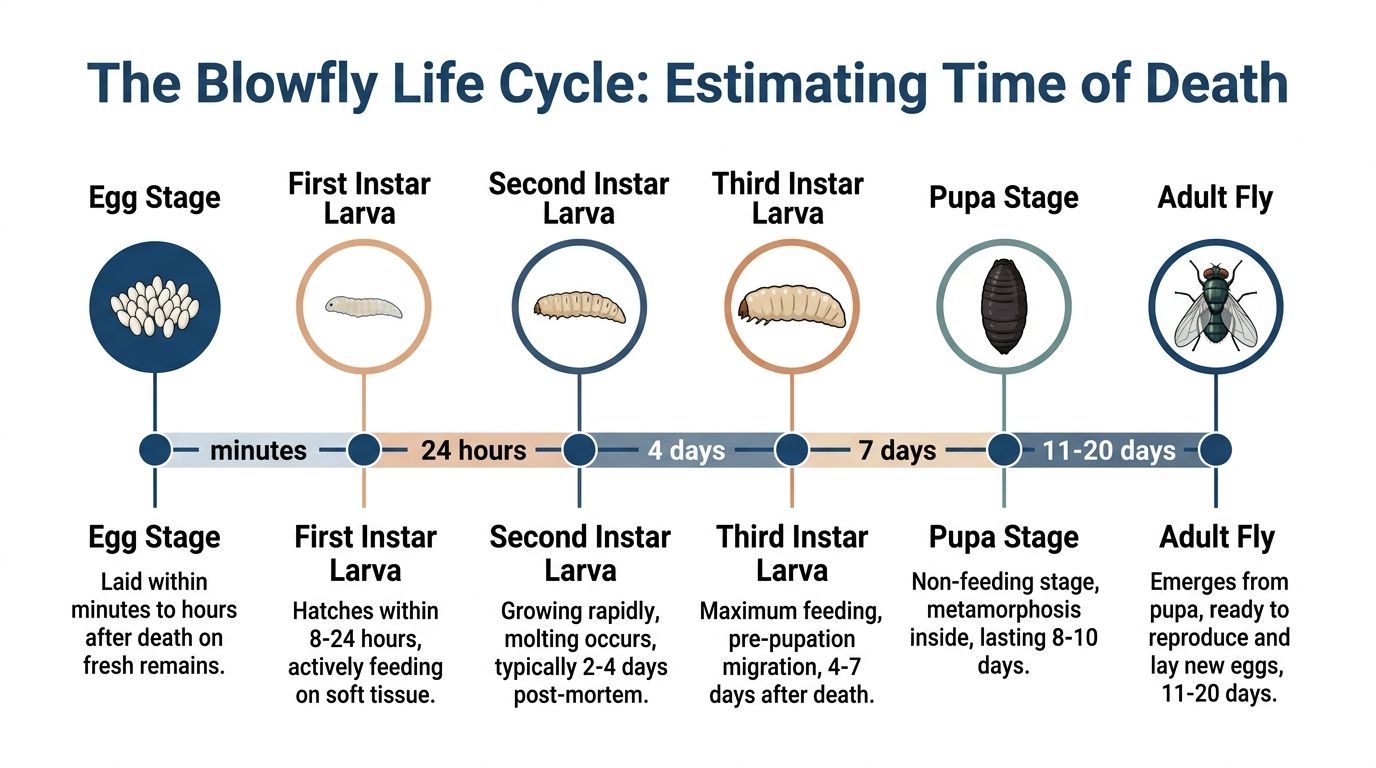 A diagram illustrating the life cycle of a blowfly and its role in estimating time of death.