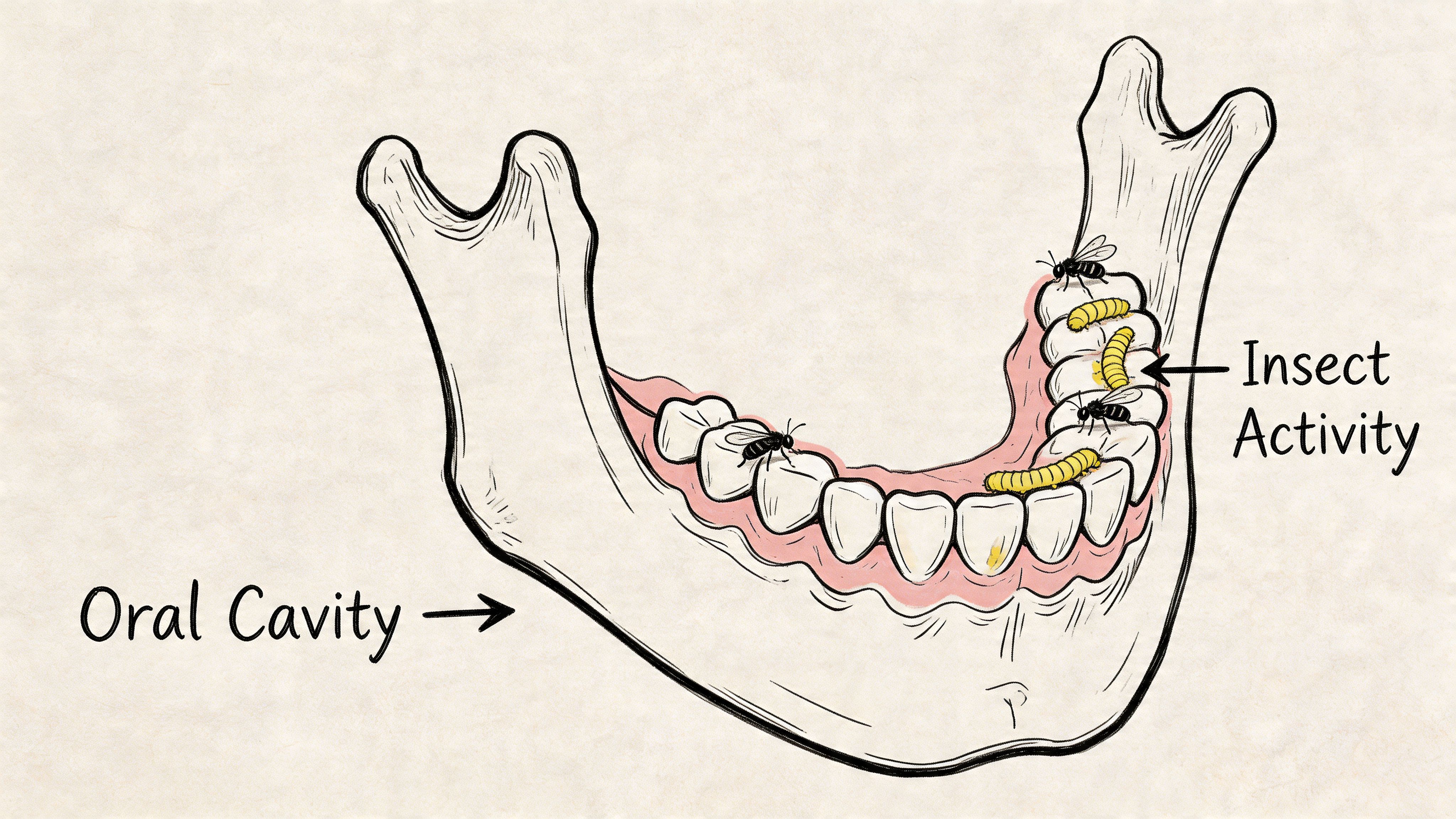 A diagram of a human jaw with insects and larvae crawling on and around the teeth.