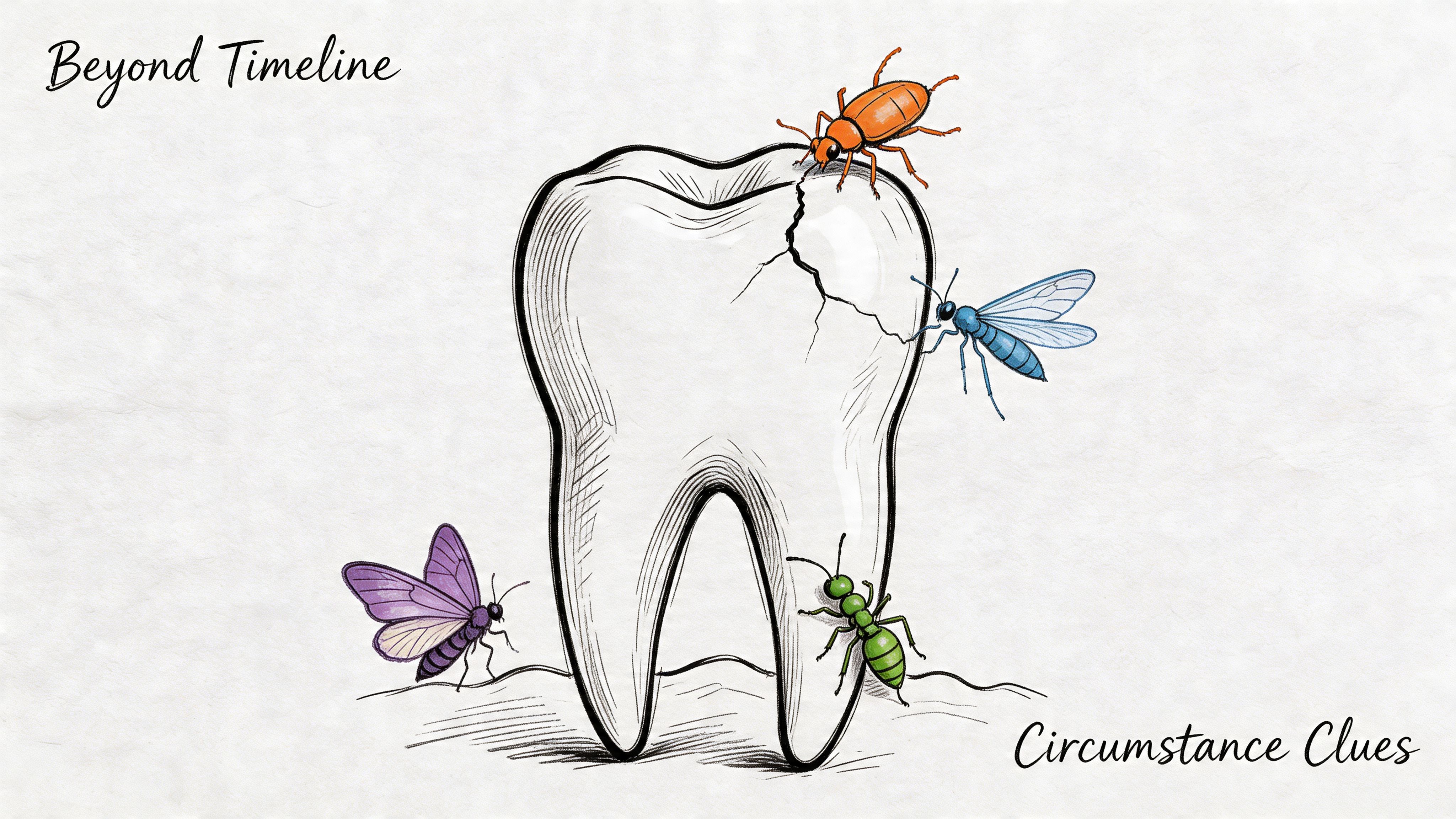 A line art illustration of a cracked tooth surrounded by colorful stylized insects on a textured background.