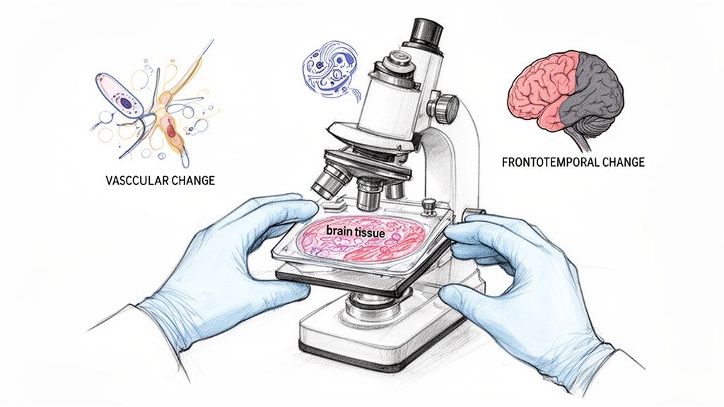 Gloved hands place brain tissue slide under a microscope, with diagrams of vascular and frontotemporal changes.