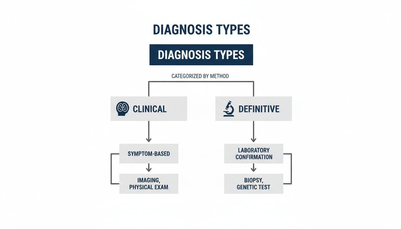 A flow chart detailing diagnosis types: Clinical (symptom-based, imaging) and Definitive (lab confirmation, biopsy).