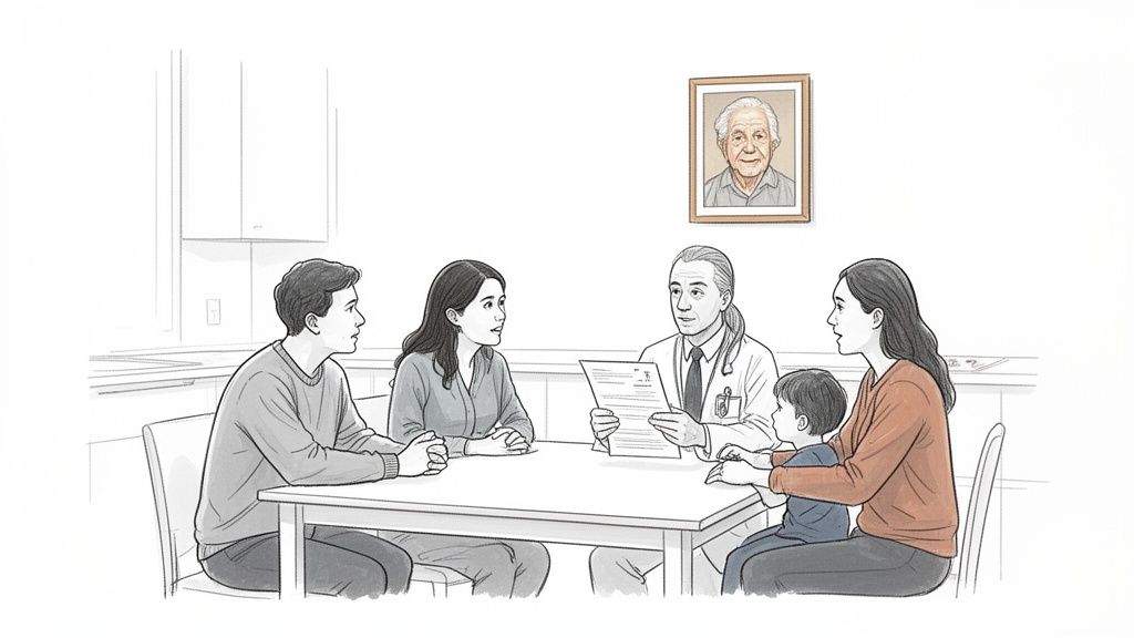 A doctor consults with a family, including a man, woman, and child, discussing medical papers.