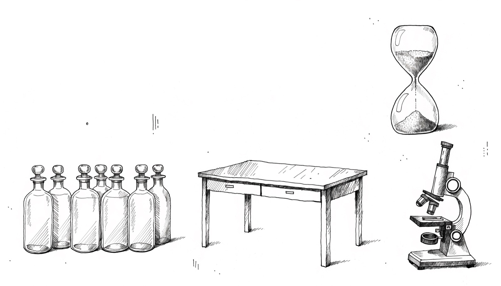 Glass embalming fluid bottles beside an empty stainless table, an hourglass and a microscope