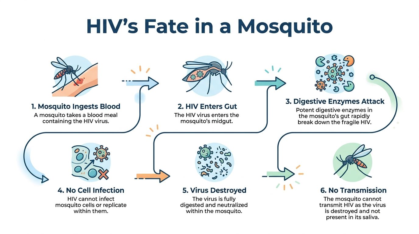 A diagram explaining why mosquitoes cannot transmit the HIV virus through their digestive system and bite.