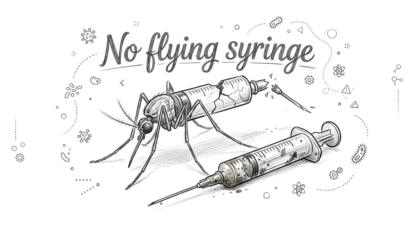A pencil sketch of a mosquito with a broken syringe body and a separate intact medical syringe.