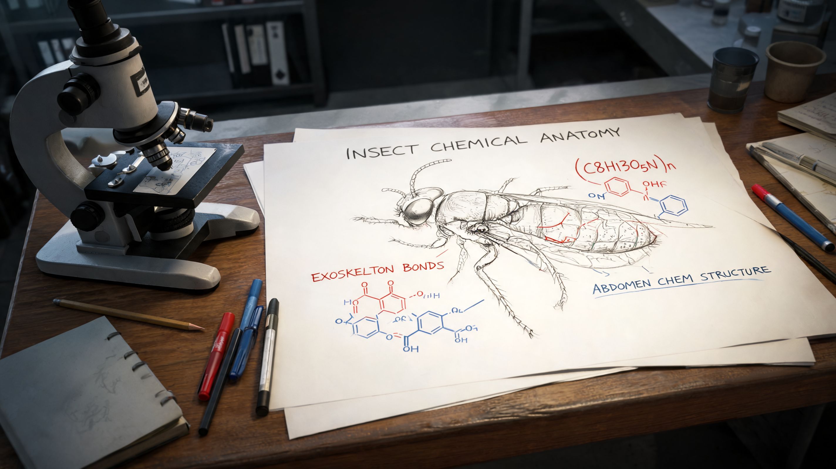 Detailed scientific illustration of insect chemical anatomy with chemical formulas on a wooden laboratory desk.
