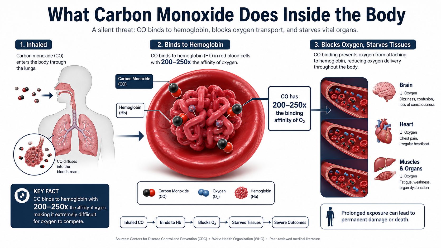 An infographic illustrating how carbon monoxide poisoning occurs by blocking oxygen transport to vital human body organs.