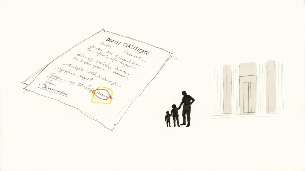 Death certificate document with official seal next to silhouettes representing family members and building entrance