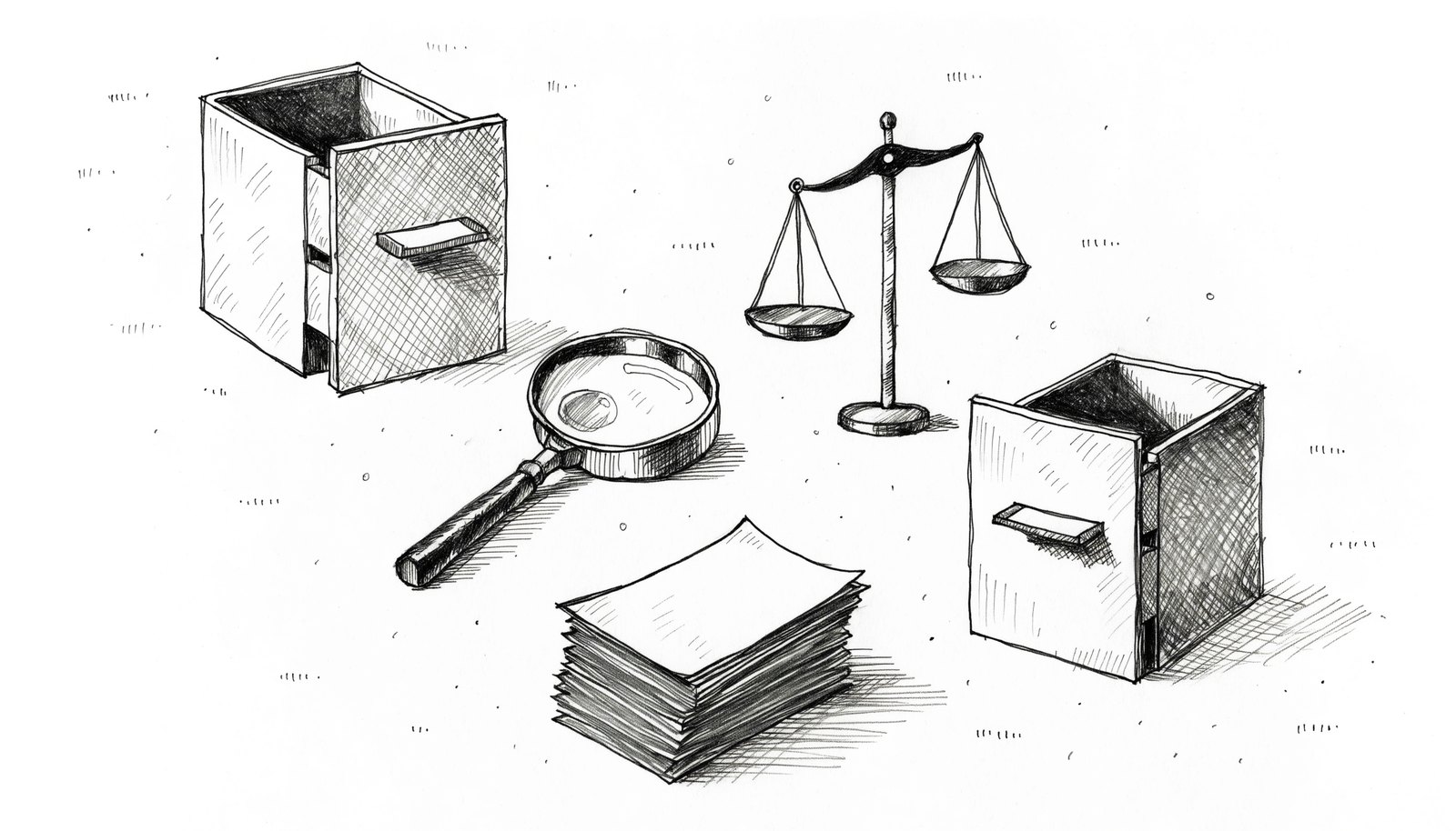 Two open filing drawers with blank tabs beside a balance scale and index cards, representing cause versus manner of death