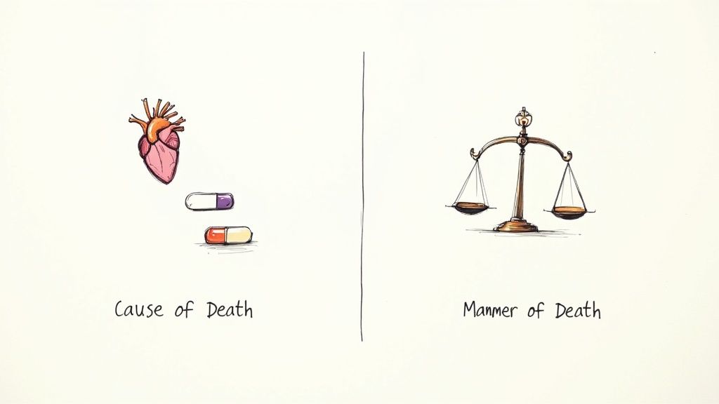 Medical illustration comparing cause of death showing heart and pills versus manner of death depicting justice scales