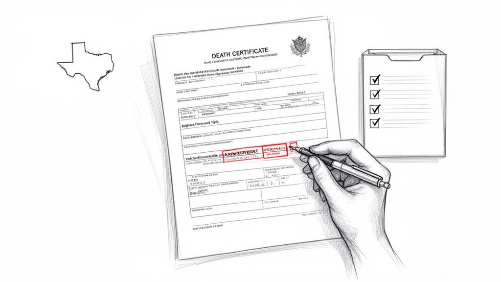 A hand fills out a death certificate form, with a map of Texas and a checklist.