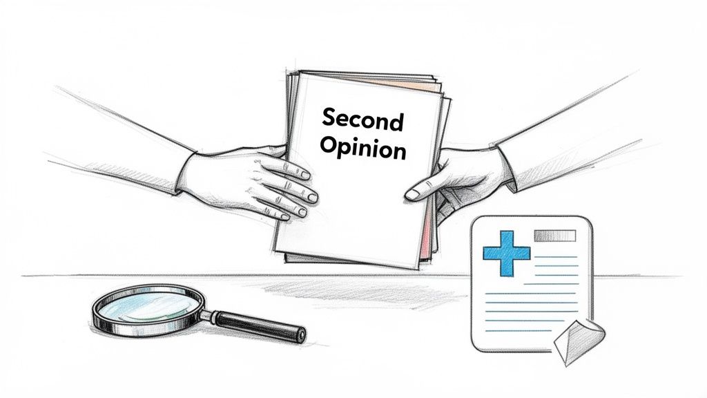 A sketch of hands exchanging documents labeled 'Second Opinion', with a magnifying glass and medical icon.