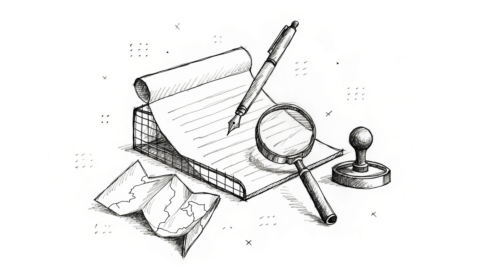 A blank certificate in a wire tray with a magnifier, pen and embossing seal, representing how cause of death is recorded