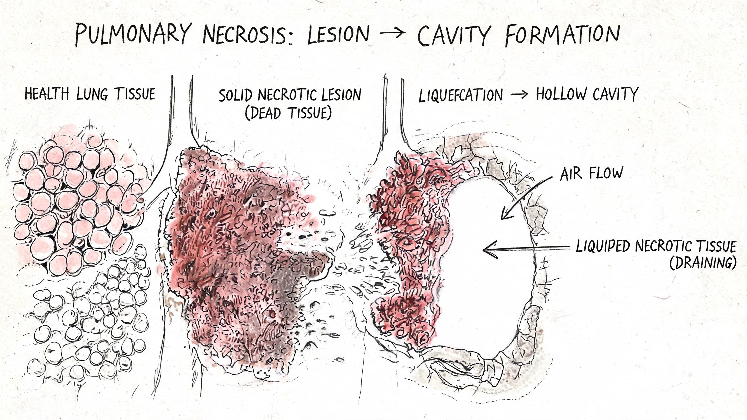 A medical diagram showing the progression of pulmonary necrosis from a solid lesion to a hollow cavity.