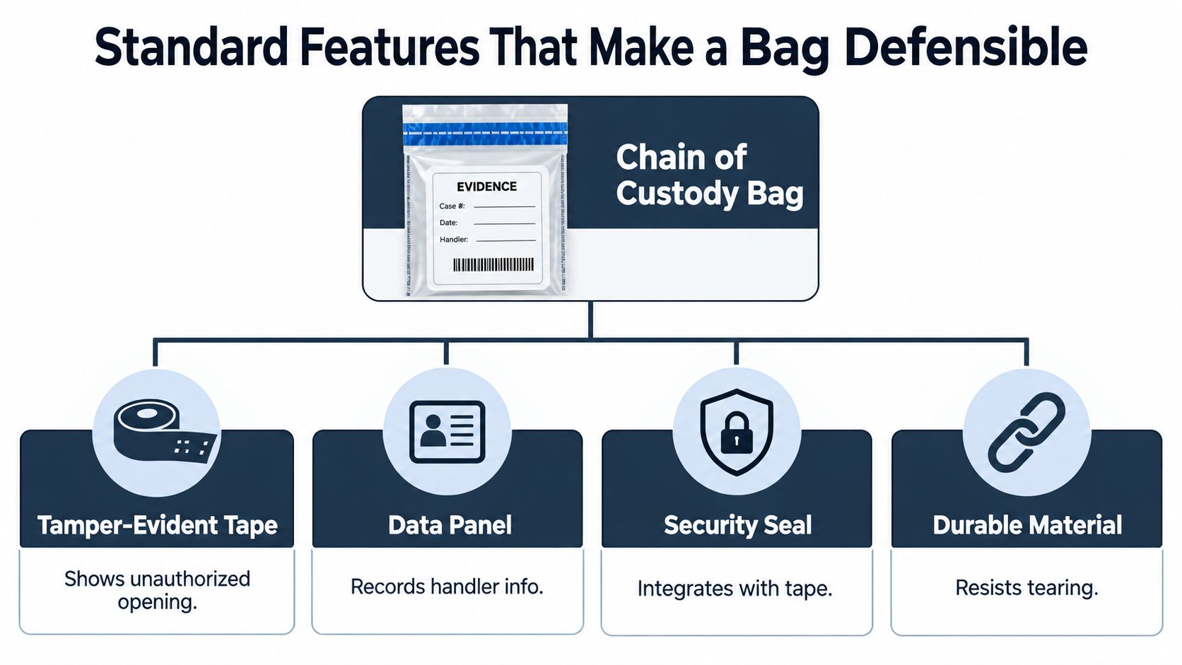 A diagram illustrating the essential security features of a chain of custody evidence bag.
