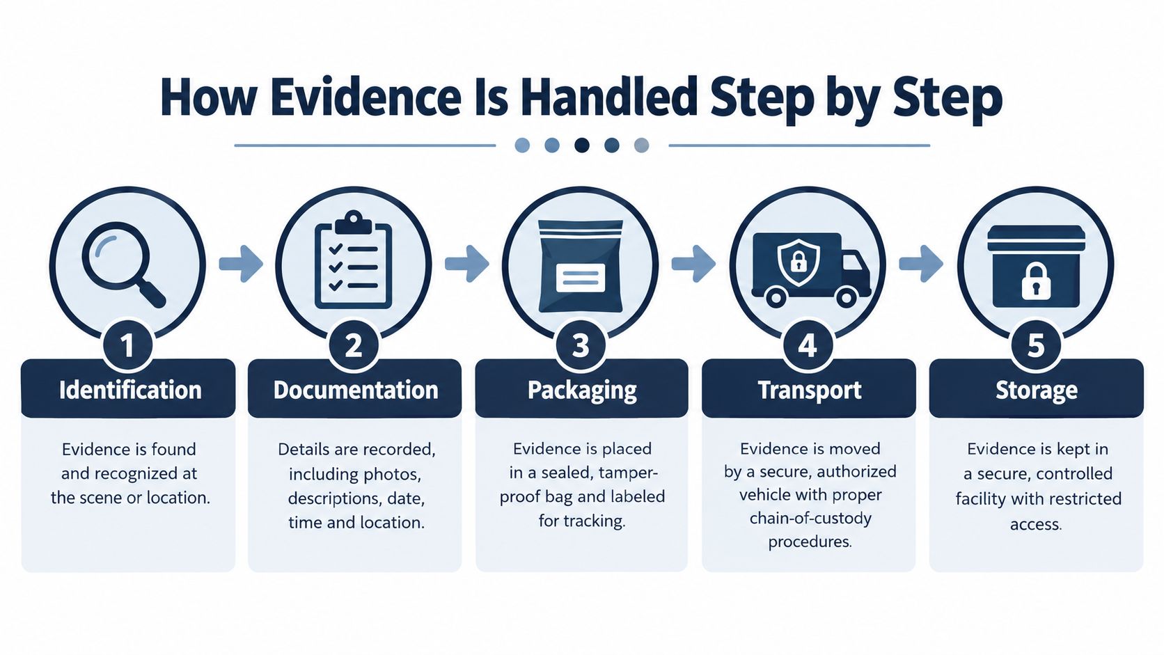 An infographic showing the five-step process of handling forensic evidence, from initial identification to final storage.