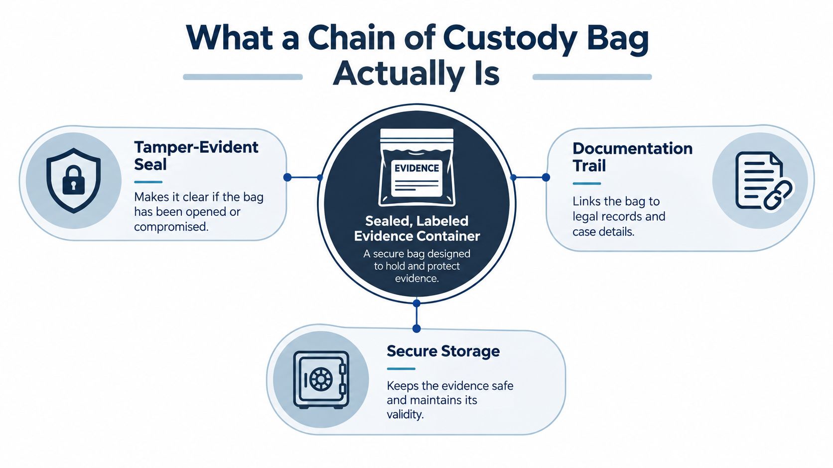 A diagram explaining the components of a chain of custody bag including seals, documentation, and storage.