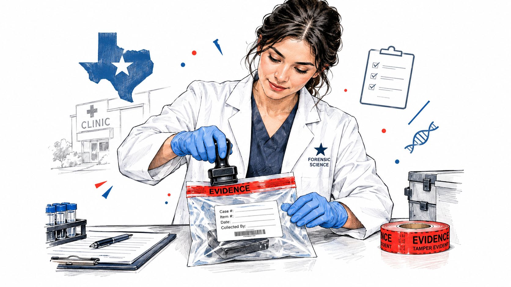 A female forensic scientist in a lab coat processes evidence using a chain of custody bag.