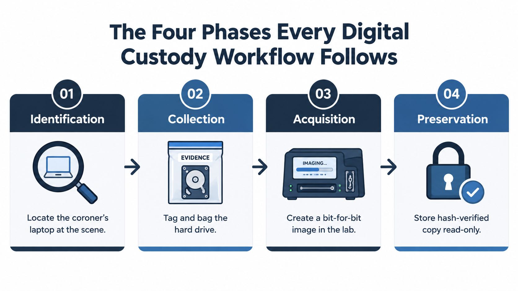A diagram illustrating the four phases of a digital custody workflow: Identification, Collection, Acquisition, and Preservation.