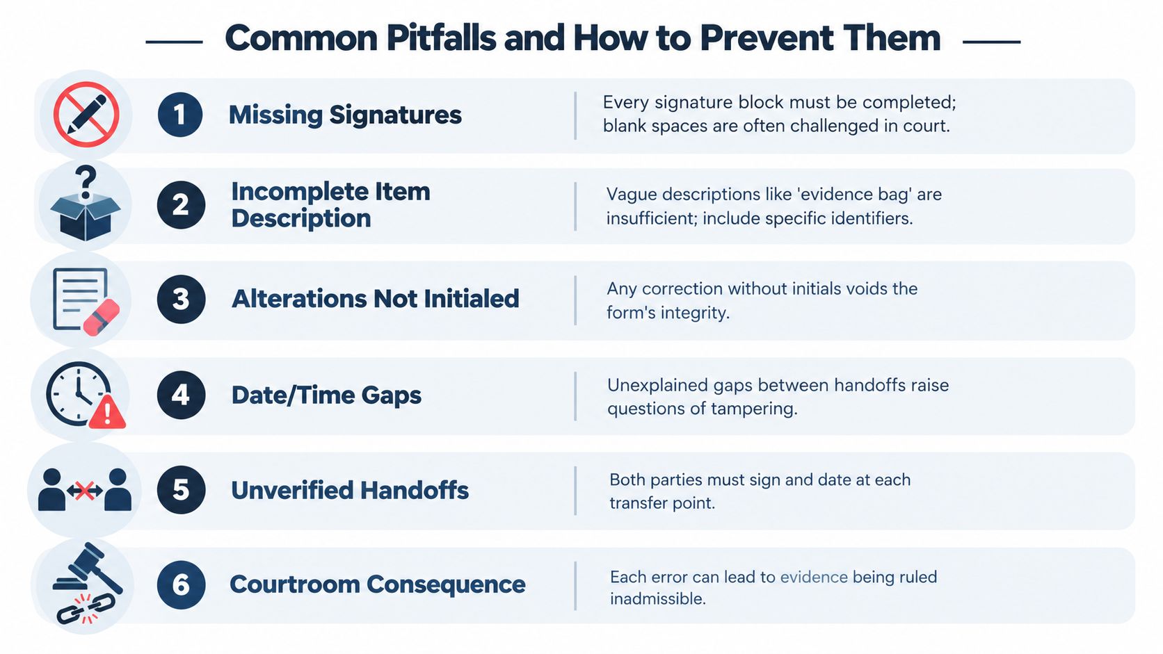 A list infographic showing six common errors in maintaining chain of custody forms and how to prevent them.