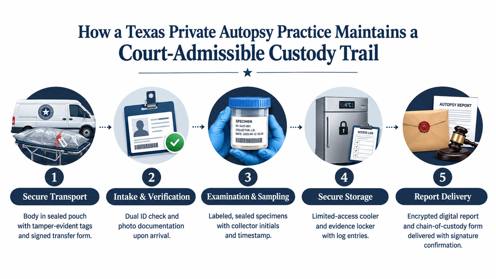 A diagram illustrating the five-step process a Texas private autopsy practice follows to maintain a court-admissible custody trail.