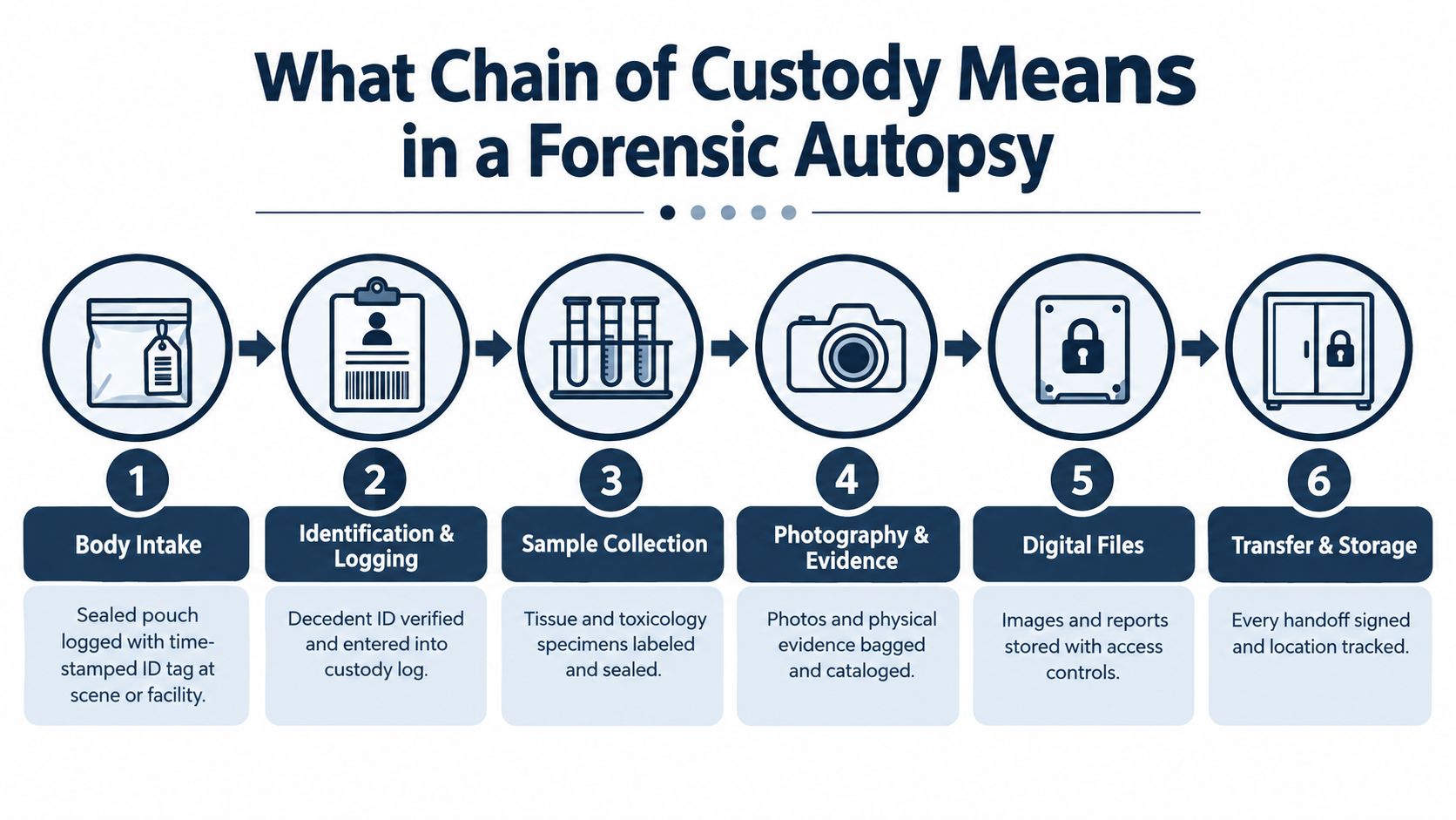 A six-step infographic illustrating the chain of custody process during a forensic autopsy from intake to storage.
