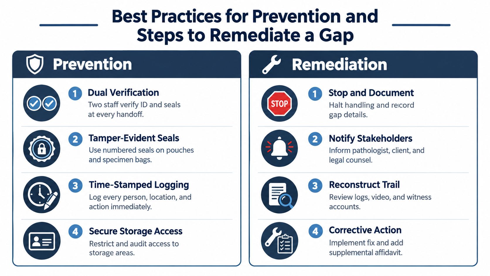A flowchart infographic outlining best practices for preventing and remediating chain of custody gaps in laboratory settings.