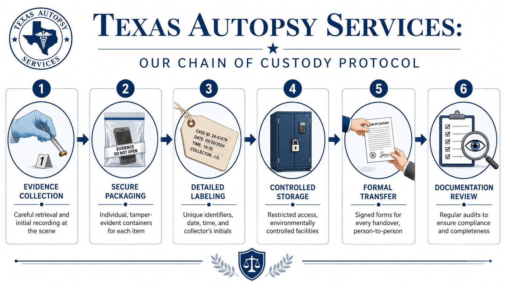 A six-step infographic illustrating the professional chain of custody protocol used by Texas Autopsy Services.