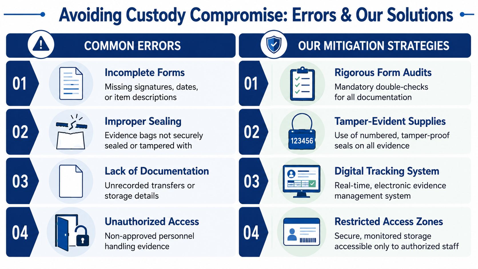 A table comparing common chain of custody errors and professional mitigation strategies for evidence management.