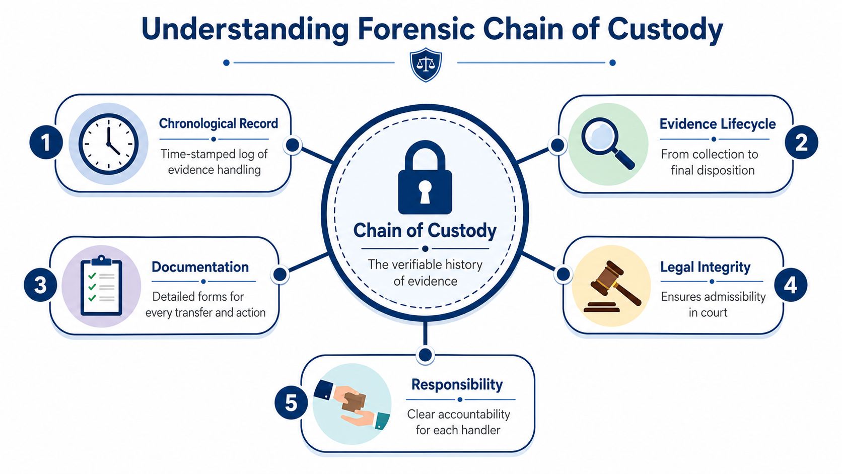 An infographic titled Understanding Forensic Chain of Custody displaying five key components for evidence management.