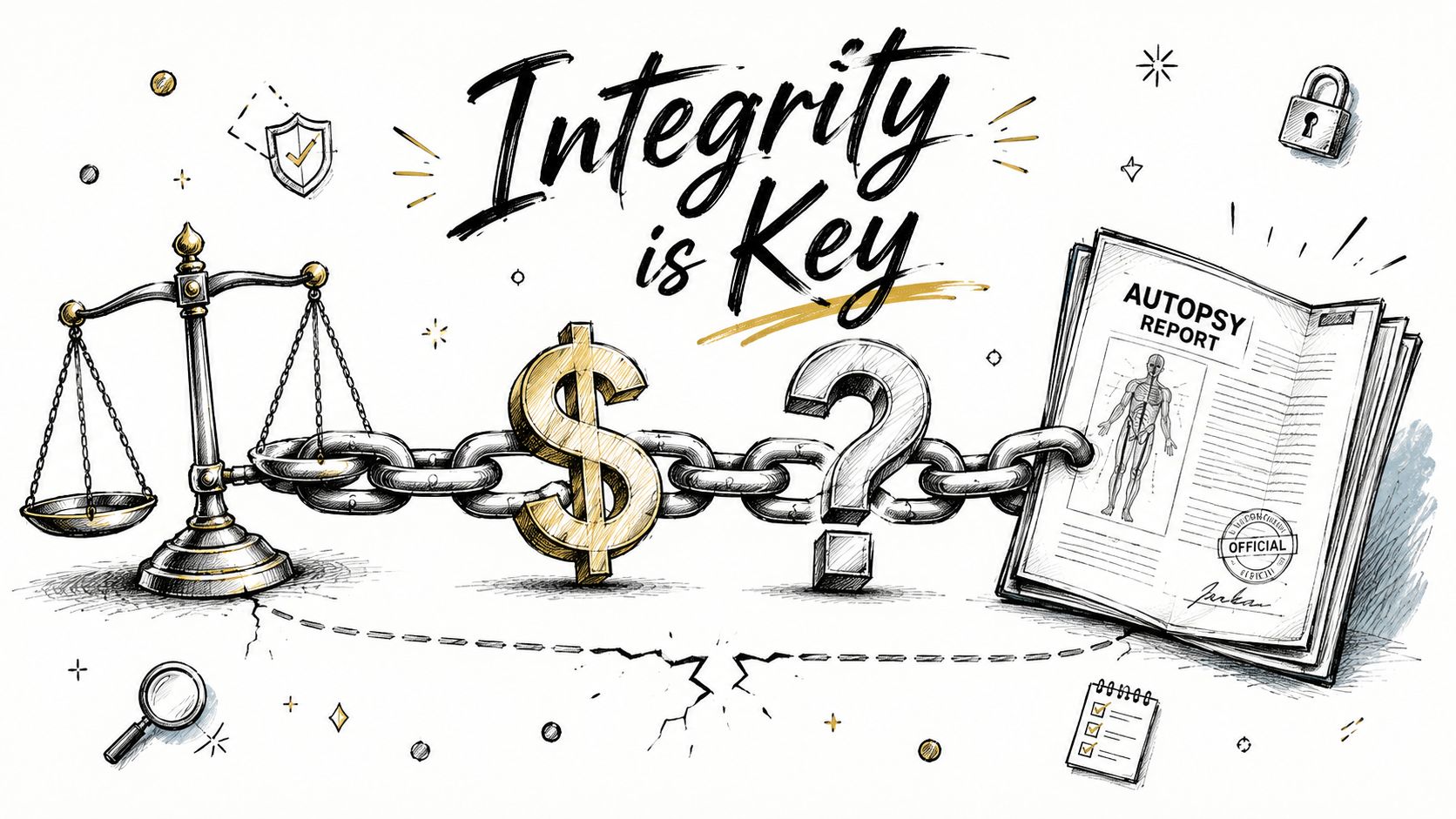 An illustration showing a chain connecting a scale of justice, a dollar sign, a question mark, and an autopsy report.
