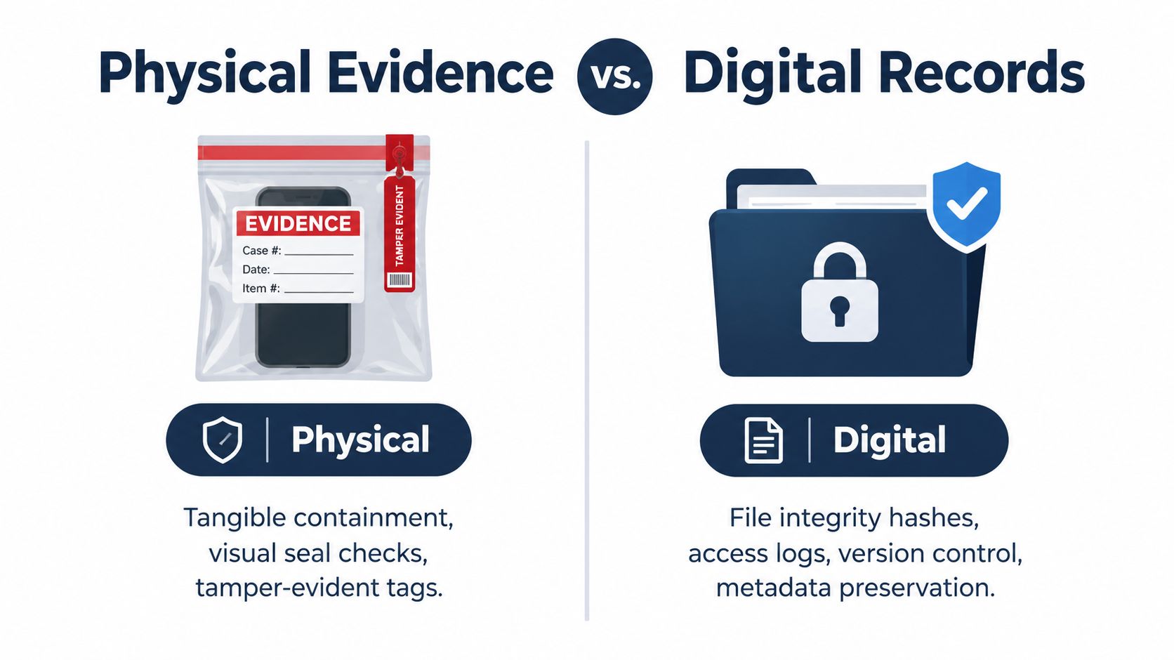 A comparison infographic showing physical evidence in a sealed bag versus secure digital files and records.