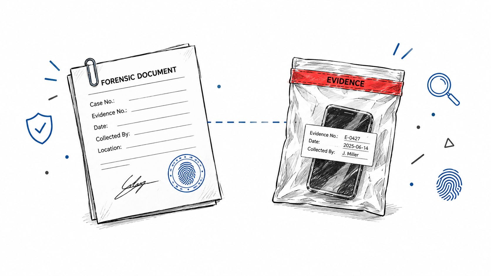 A digital illustration showing a forensic document and a mobile phone sealed in an evidence bag.